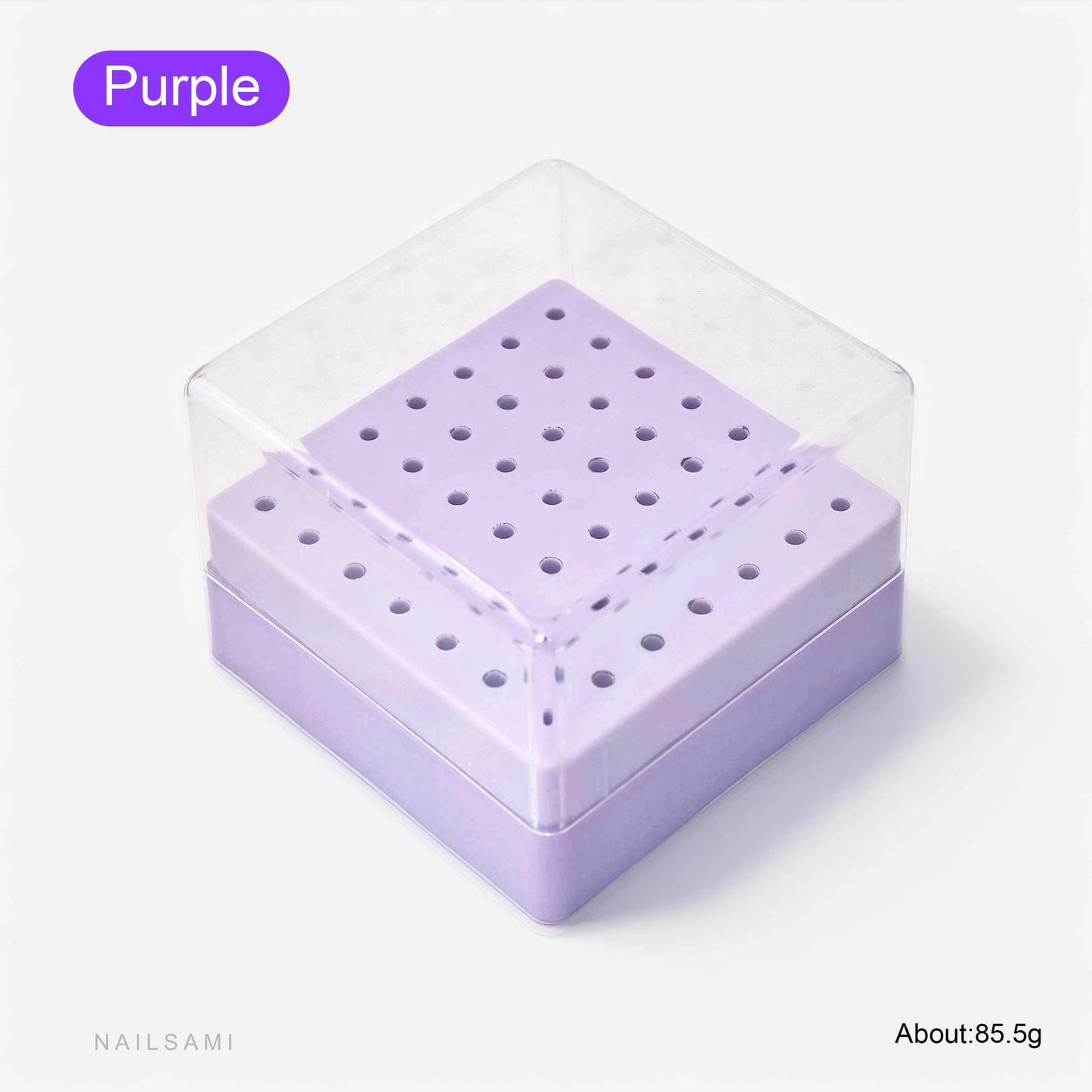 Purple 49-hole nail drill bit storage box with clear cover
