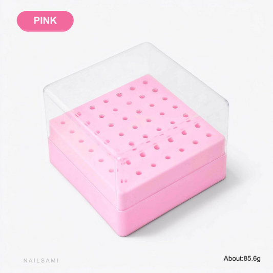 Pink 49-hole nail drill bit storage box with clear cover
