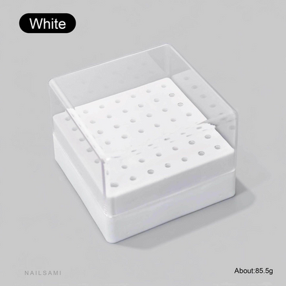 White 49-hole nail drill bit storage box with clear cover