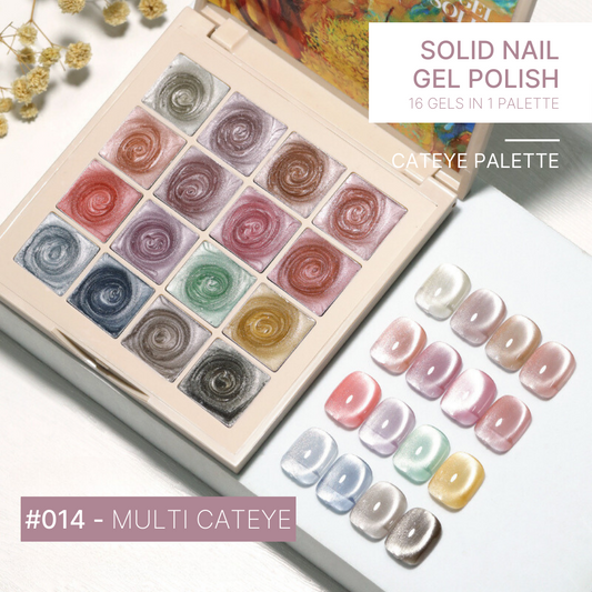 The 'Multi Cat-Eye' gel nail palette showcases a variety of iridescent colors that change appearance under different lighting, ideal for dynamic and eye-catching manicures.