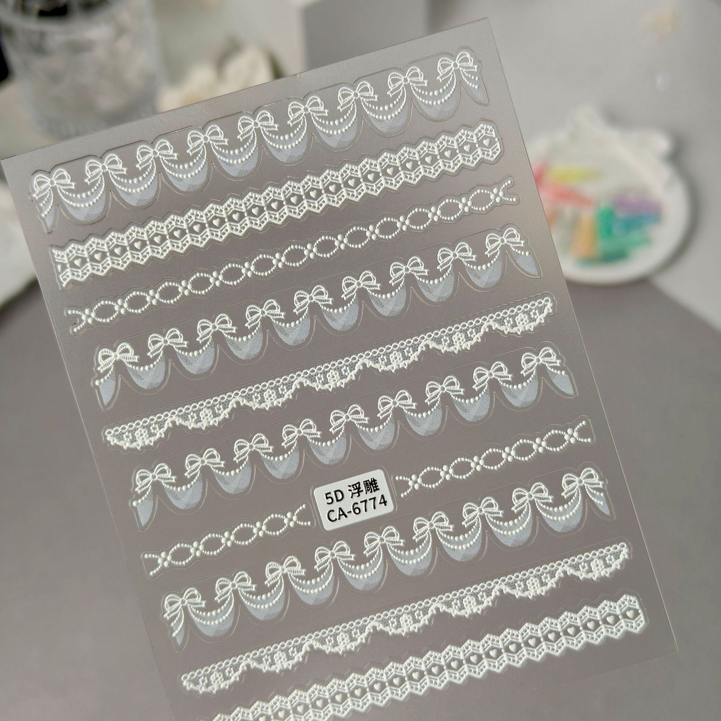 CA-6774 white embossed bow garland, pearl chain and lace nail sticker sheet