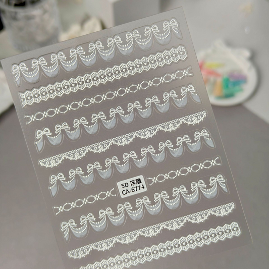CA-6774 white embossed bow garland, pearl chain and lace nail sticker sheet