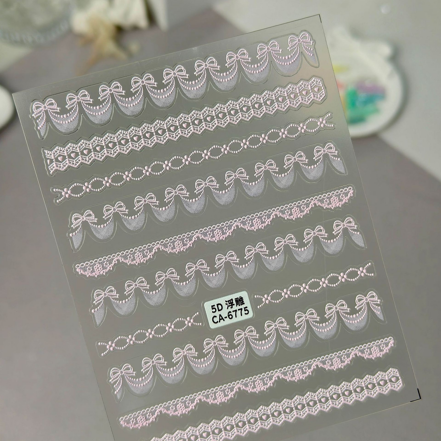CA-6775 pink embossed bow garland, pearl chain and lace nail sticker sheet