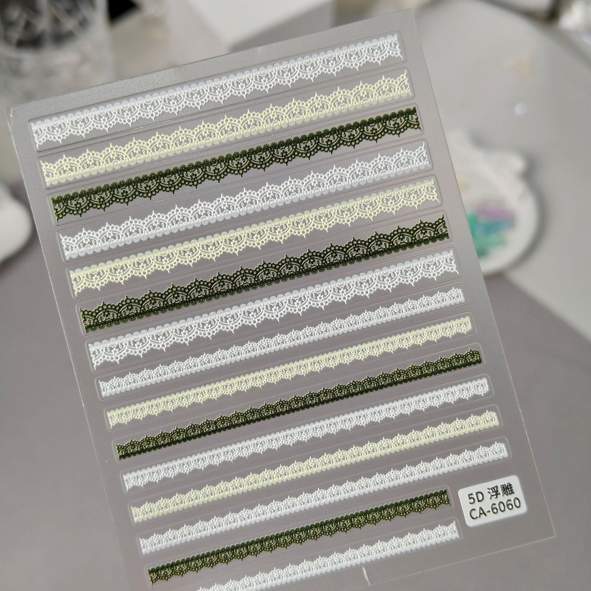 CA-6060 embossed lace border nail stickers in white, ivory and dark green
