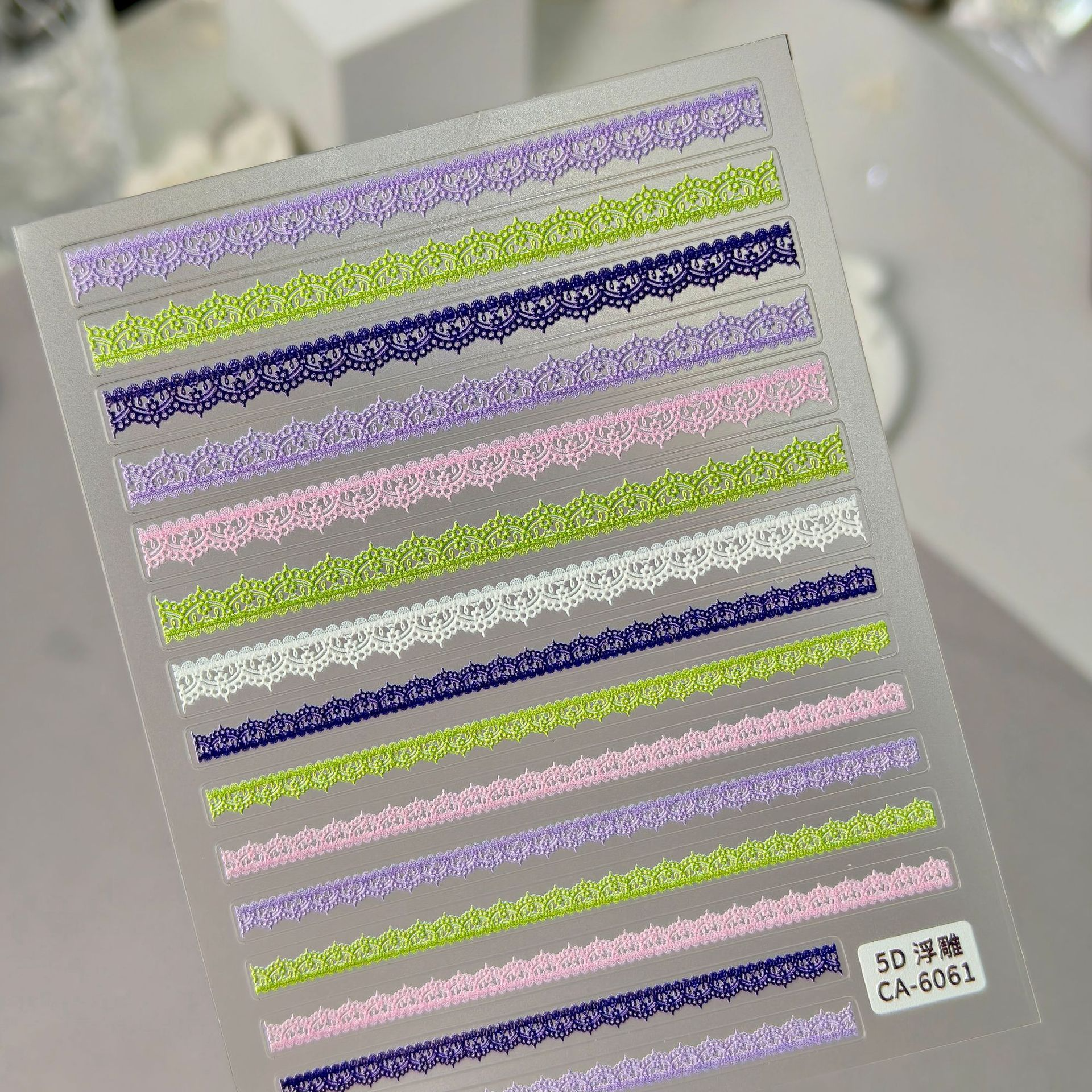 CA-6061 multicolour embossed lace border nail sticker sheet