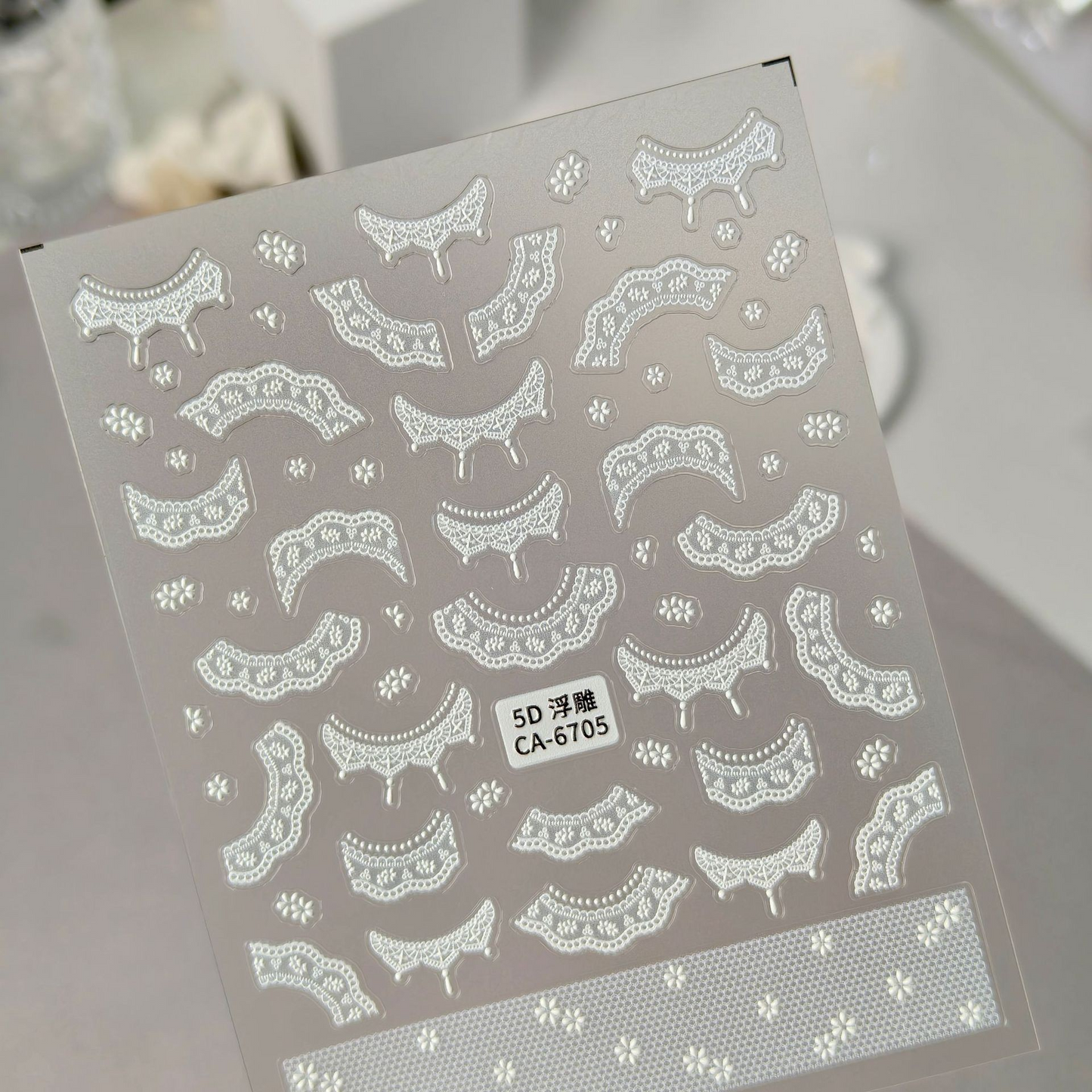 CA-6705 white embossed lace collar and floral motif nail sticker sheet