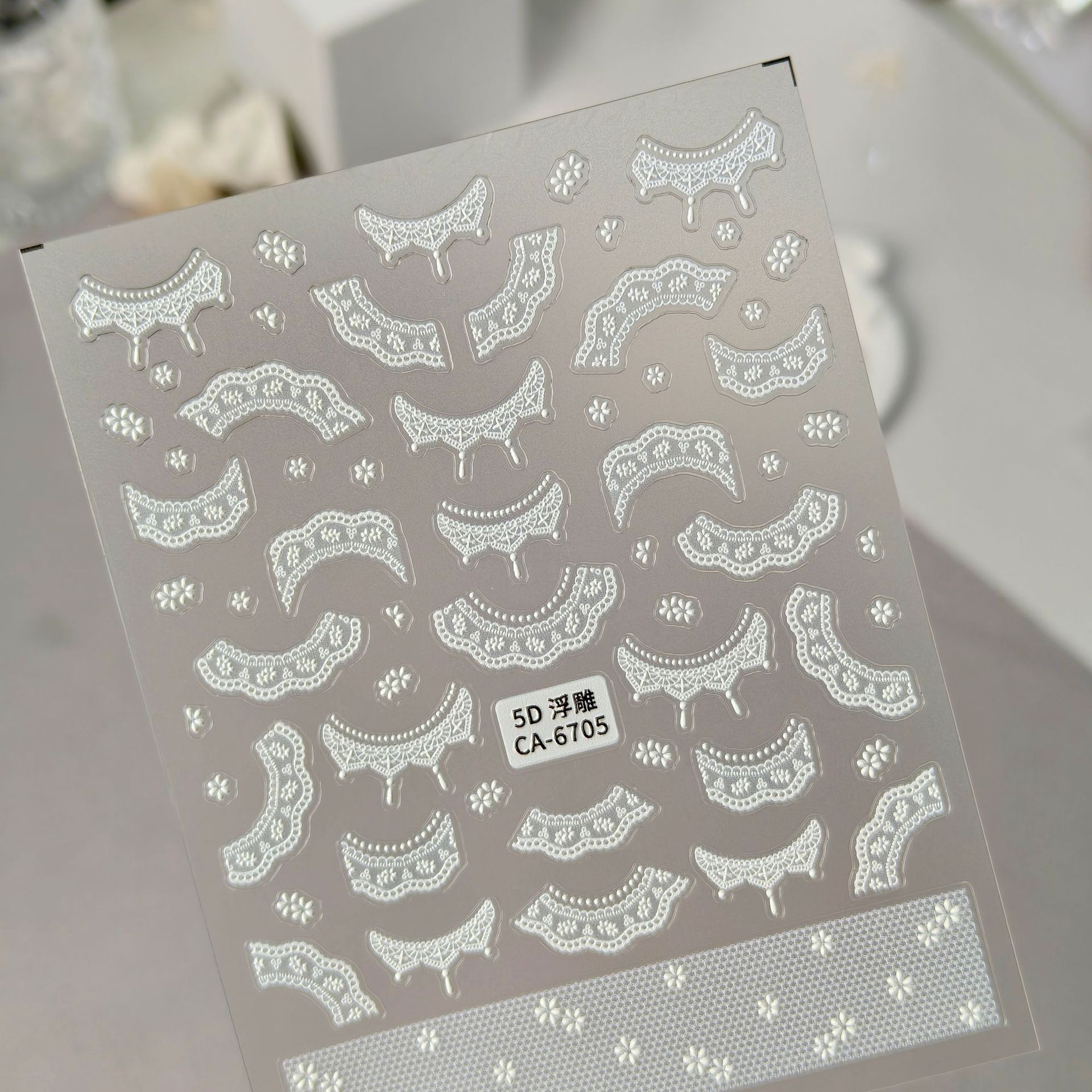 CA-6705 white embossed lace collar and floral motif nail sticker sheet