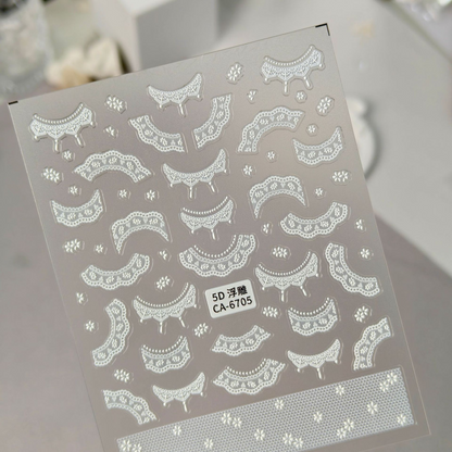 CA-6705 white embossed lace collar and floral motif nail sticker sheet