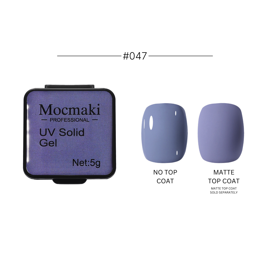 Wide range of Mocmaki UV Solid Gel Polish colors displayed, featuring a diverse palette from vibrant reds to cool blues, ideal for professional and home manicures.