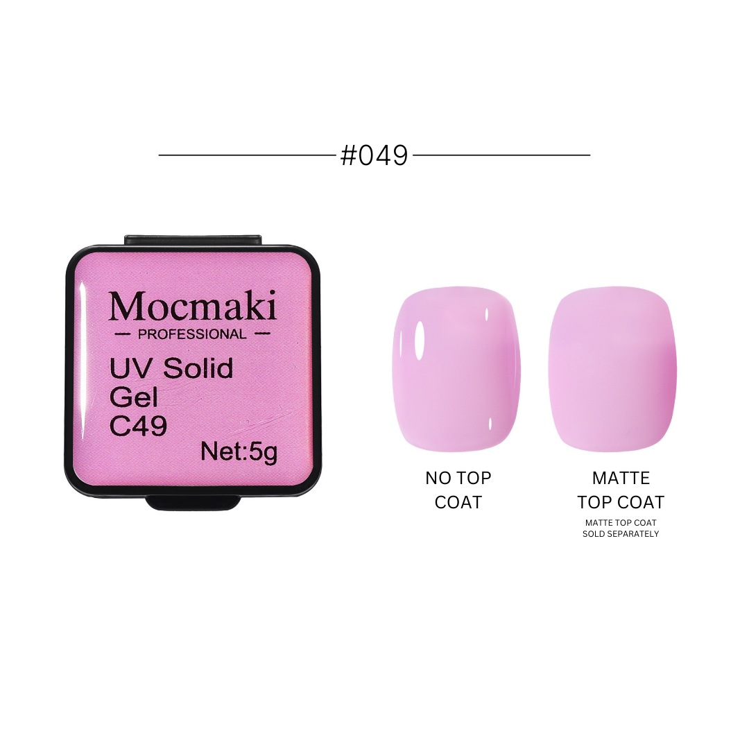 Wide range of Mocmaki UV Solid Gel Polish colors displayed, featuring a diverse palette from vibrant reds to cool blues, ideal for professional and home manicures.