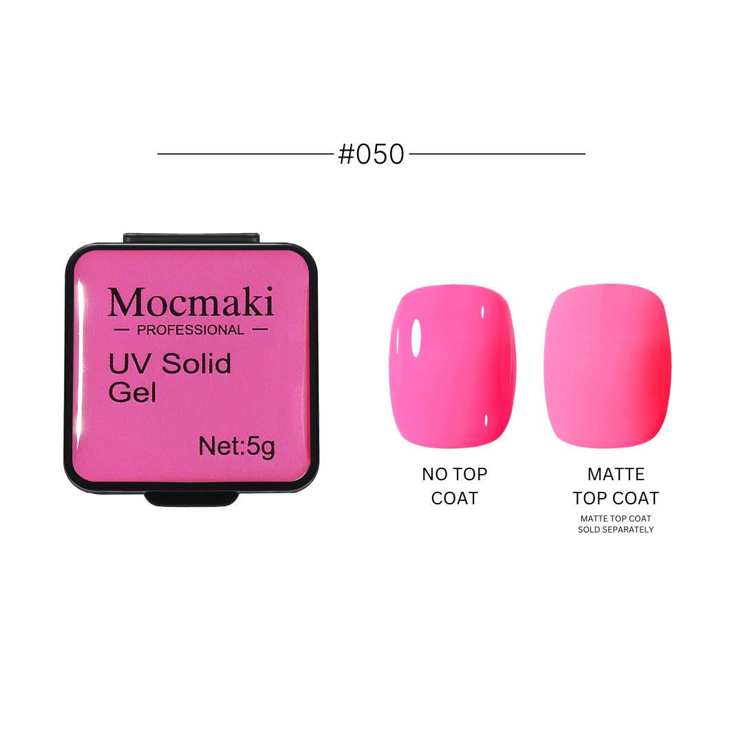 Wide range of Mocmaki UV Solid Gel Polish colors displayed, featuring a diverse palette from vibrant reds to cool blues, ideal for professional and home manicures.