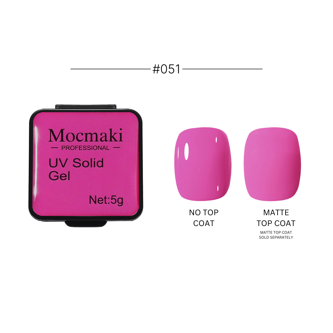 Wide range of Mocmaki UV Solid Gel Polish colors displayed, featuring a diverse palette from vibrant reds to cool blues, ideal for professional and home manicures.