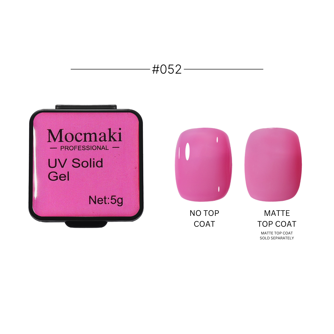 Wide range of Mocmaki UV Solid Gel Polish colors displayed, featuring a diverse palette from vibrant reds to cool blues, ideal for professional and home manicures.