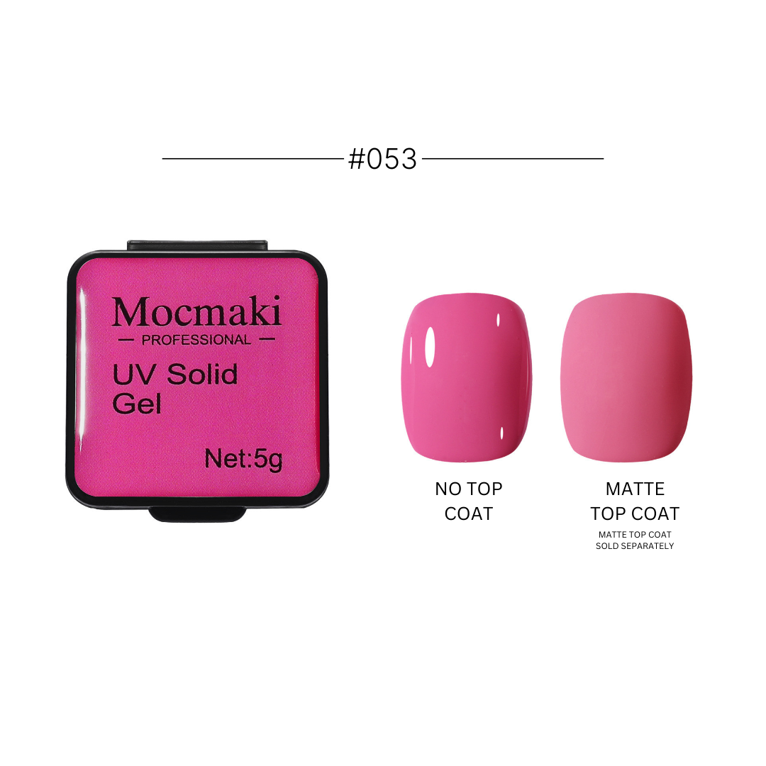 Wide range of Mocmaki UV Solid Gel Polish colors displayed, featuring a diverse palette from vibrant reds to cool blues, ideal for professional and home manicures.