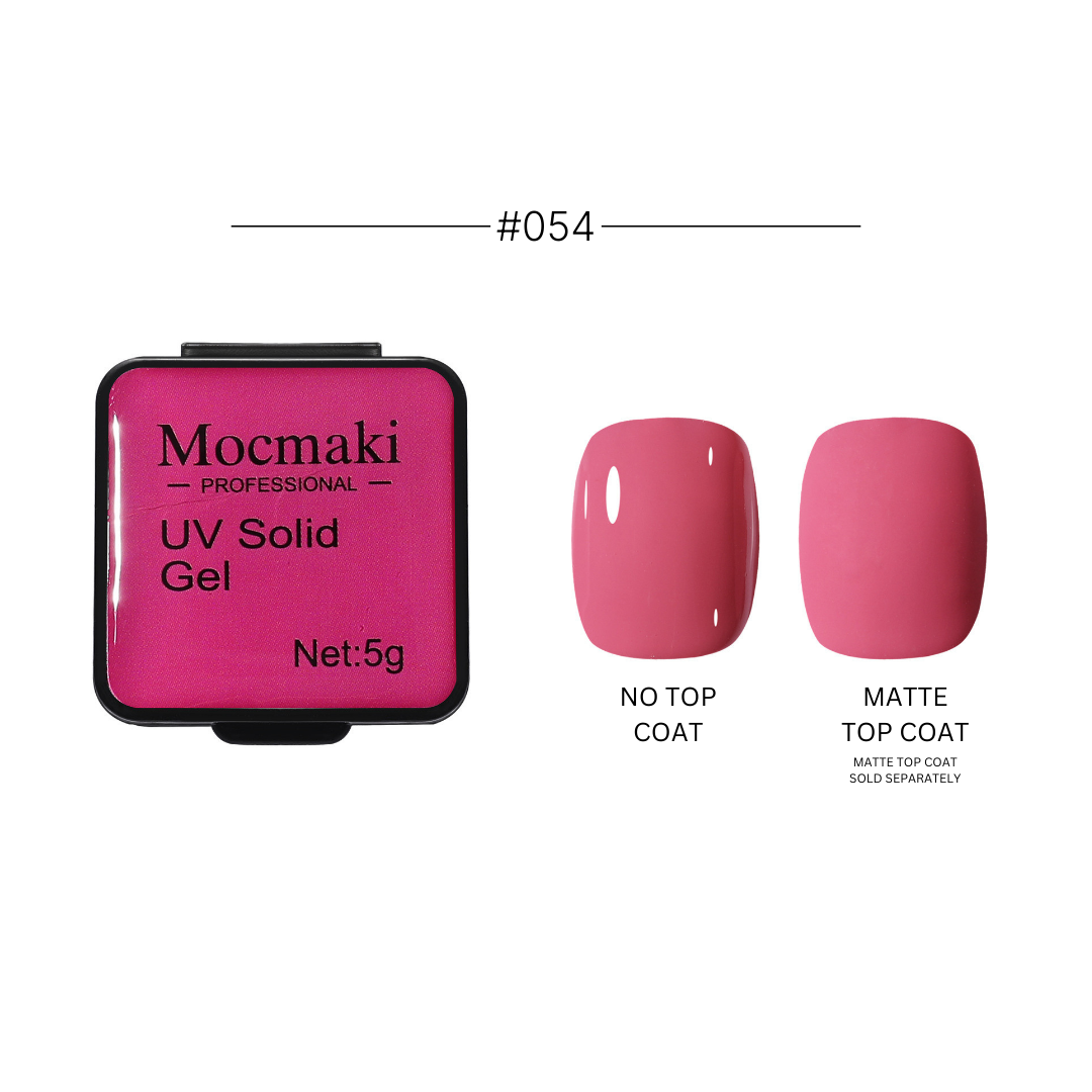 Wide range of Mocmaki UV Solid Gel Polish colors displayed, featuring a diverse palette from vibrant reds to cool blues, ideal for professional and home manicures.