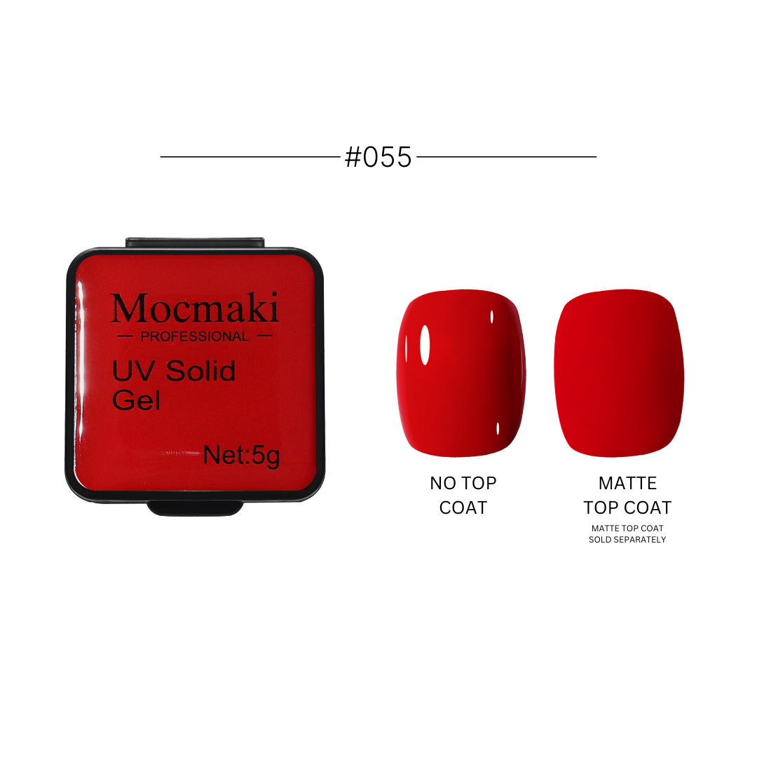 Wide range of Mocmaki UV Solid Gel Polish colors displayed, featuring a diverse palette from vibrant reds to cool blues, ideal for professional and home manicures.