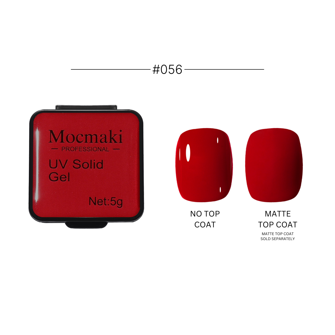 Wide range of Mocmaki UV Solid Gel Polish colors displayed, featuring a diverse palette from vibrant reds to cool blues, ideal for professional and home manicures.