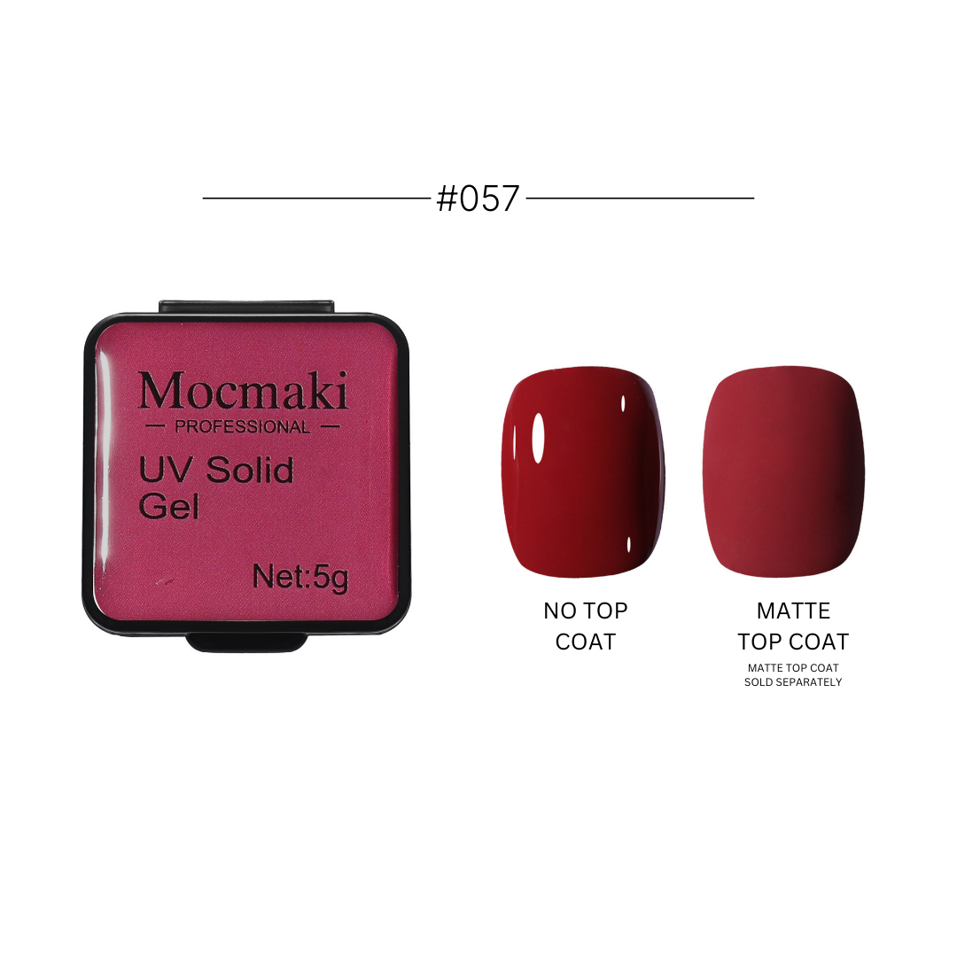 Wide range of Mocmaki UV Solid Gel Polish colors displayed, featuring a diverse palette from vibrant reds to cool blues, ideal for professional and home manicures.