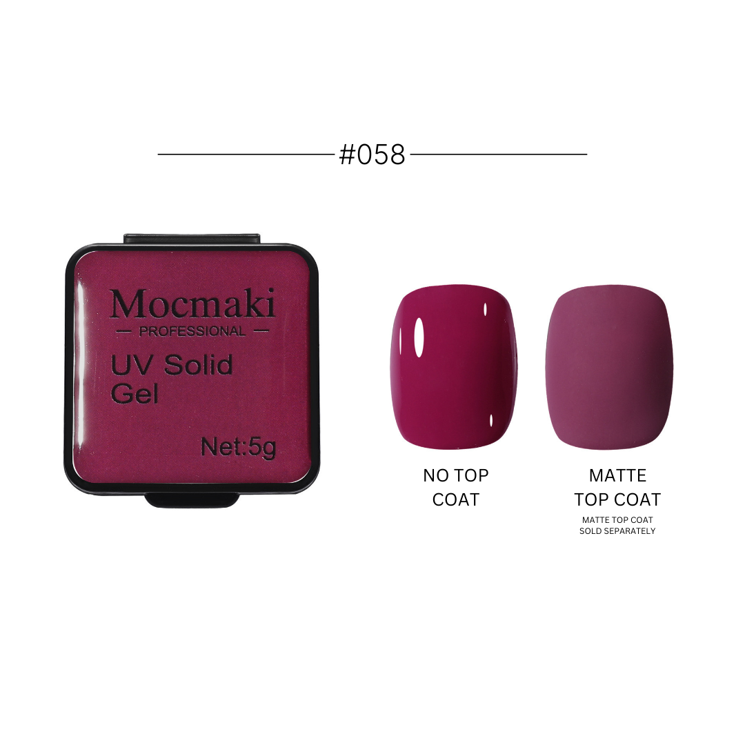 Wide range of Mocmaki UV Solid Gel Polish colors displayed, featuring a diverse palette from vibrant reds to cool blues, ideal for professional and home manicures.