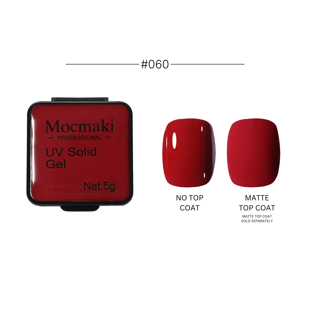 Wide range of Mocmaki UV Solid Gel Polish colors displayed, featuring a diverse palette from vibrant reds to cool blues, ideal for professional and home manicures.