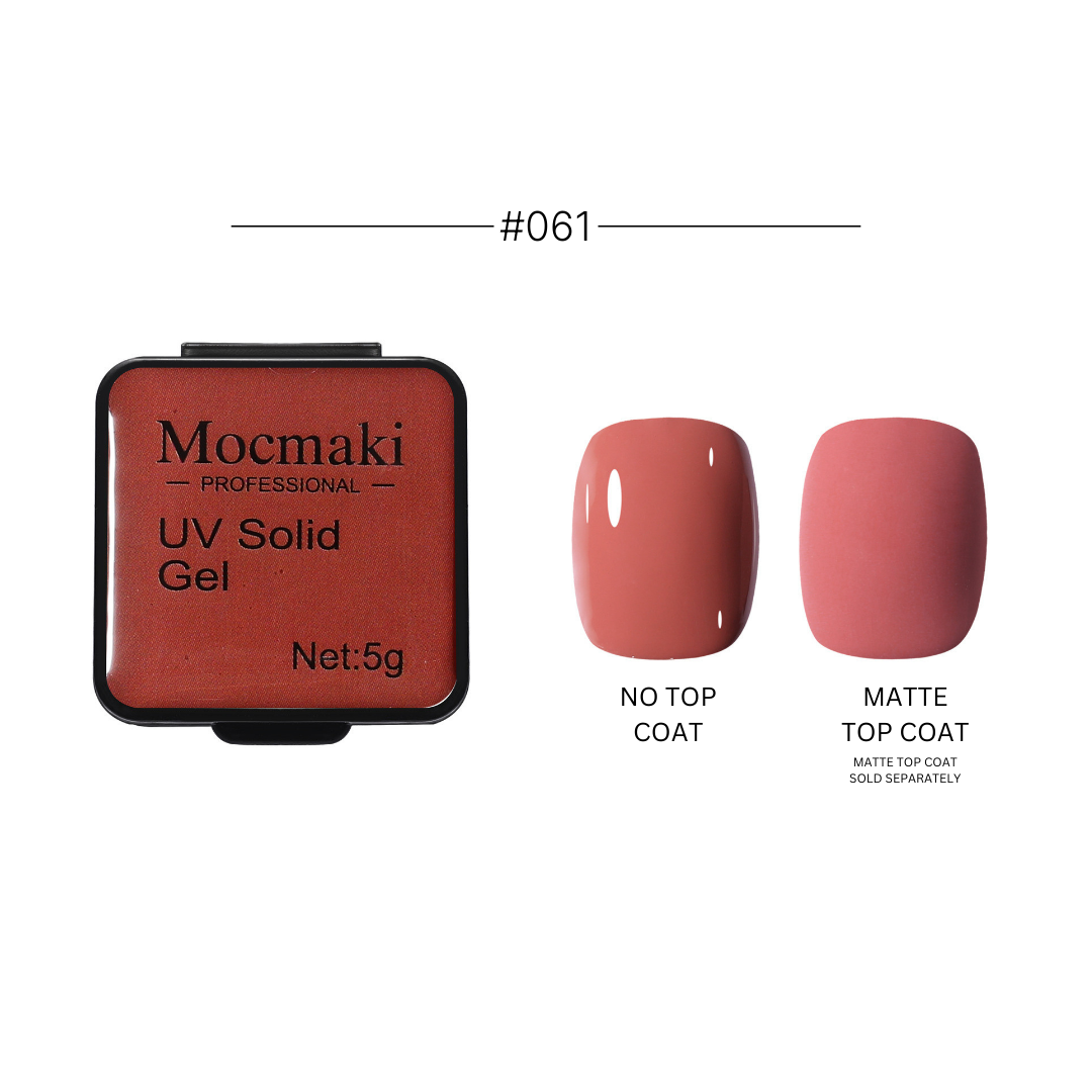 Wide range of Mocmaki UV Solid Gel Polish colors displayed, featuring a diverse palette from vibrant reds to cool blues, ideal for professional and home manicures.