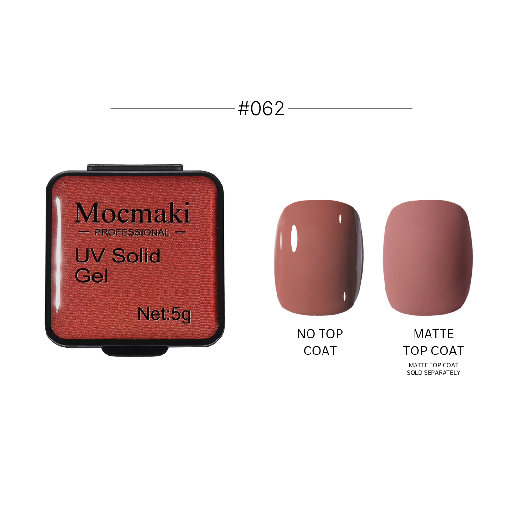 Wide range of Mocmaki UV Solid Gel Polish colors displayed, featuring a diverse palette from vibrant reds to cool blues, ideal for professional and home manicures.