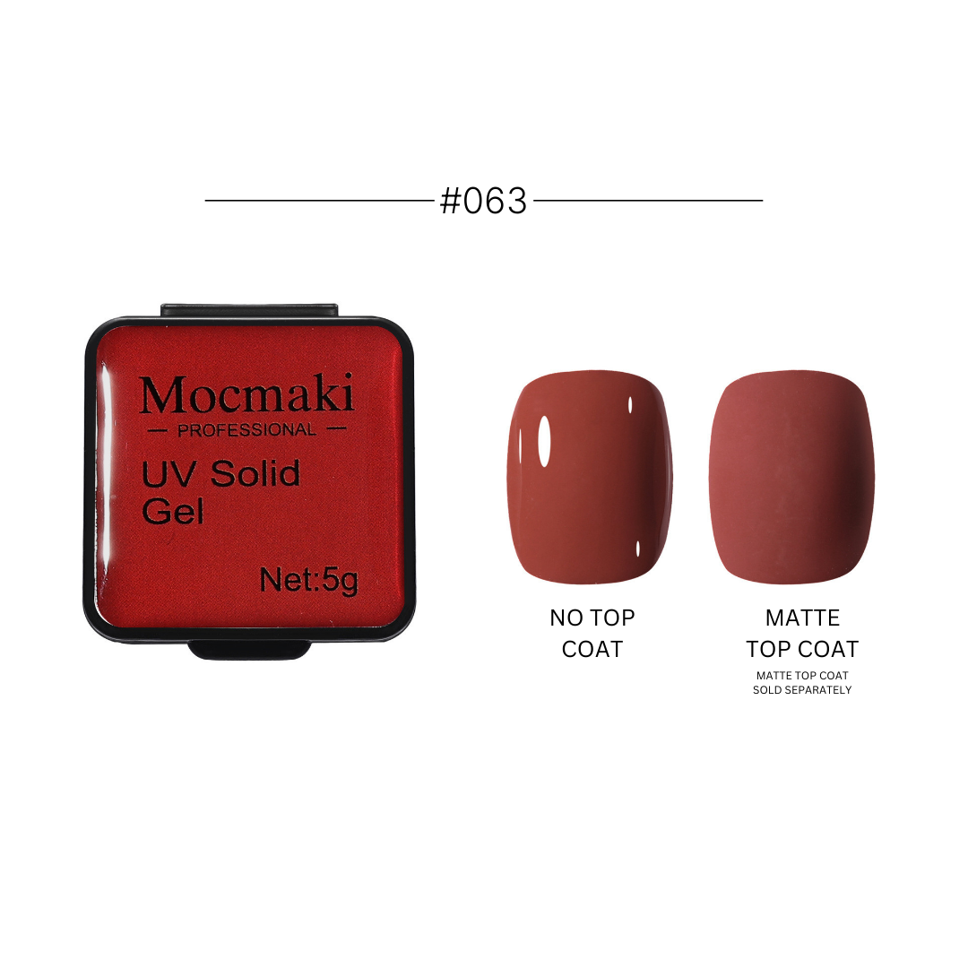 Wide range of Mocmaki UV Solid Gel Polish colors displayed, featuring a diverse palette from vibrant reds to cool blues, ideal for professional and home manicures.