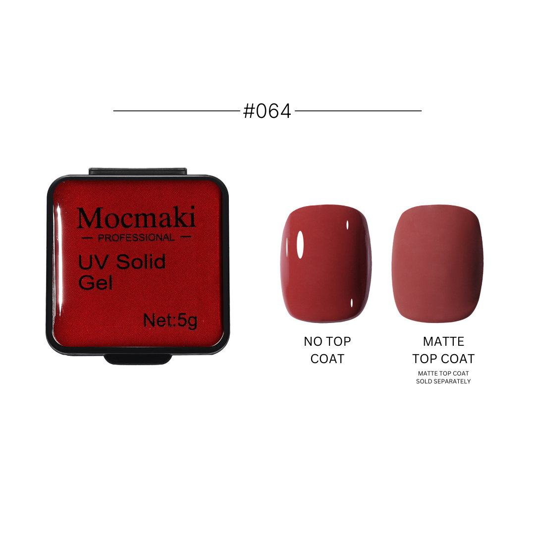 Wide range of Mocmaki UV Solid Gel Polish colors displayed, featuring a diverse palette from vibrant reds to cool blues, ideal for professional and home manicures.