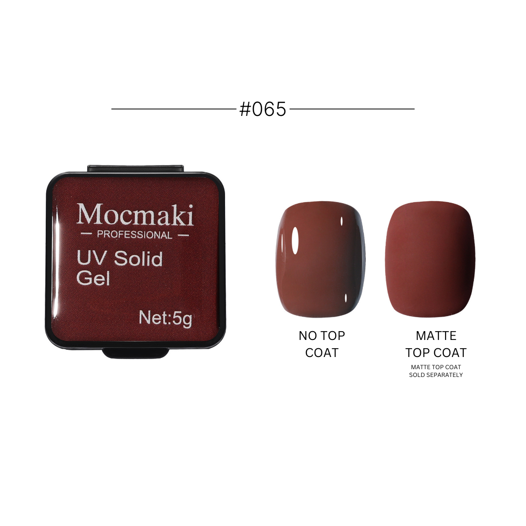 Wide range of Mocmaki UV Solid Gel Polish colors displayed, featuring a diverse palette from vibrant reds to cool blues, ideal for professional and home manicures.