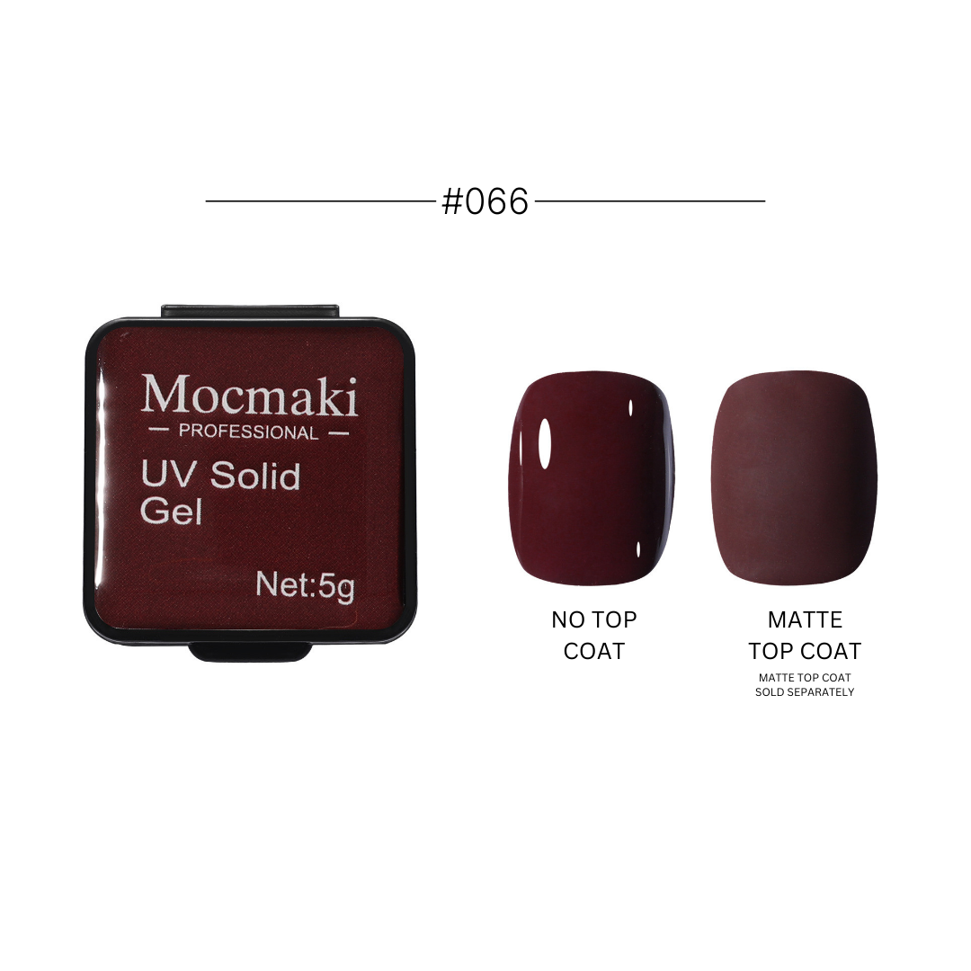 Wide range of Mocmaki UV Solid Gel Polish colors displayed, featuring a diverse palette from vibrant reds to cool blues, ideal for professional and home manicures.