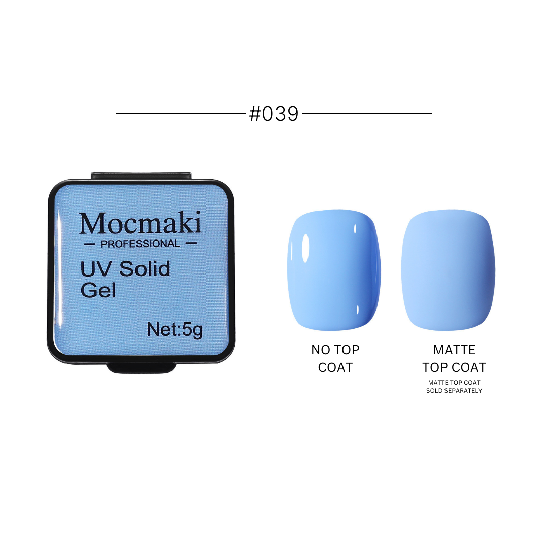 Wide range of Mocmaki UV Solid Gel Polish colors displayed, featuring a diverse palette from vibrant reds to cool blues, ideal for professional and home manicures.