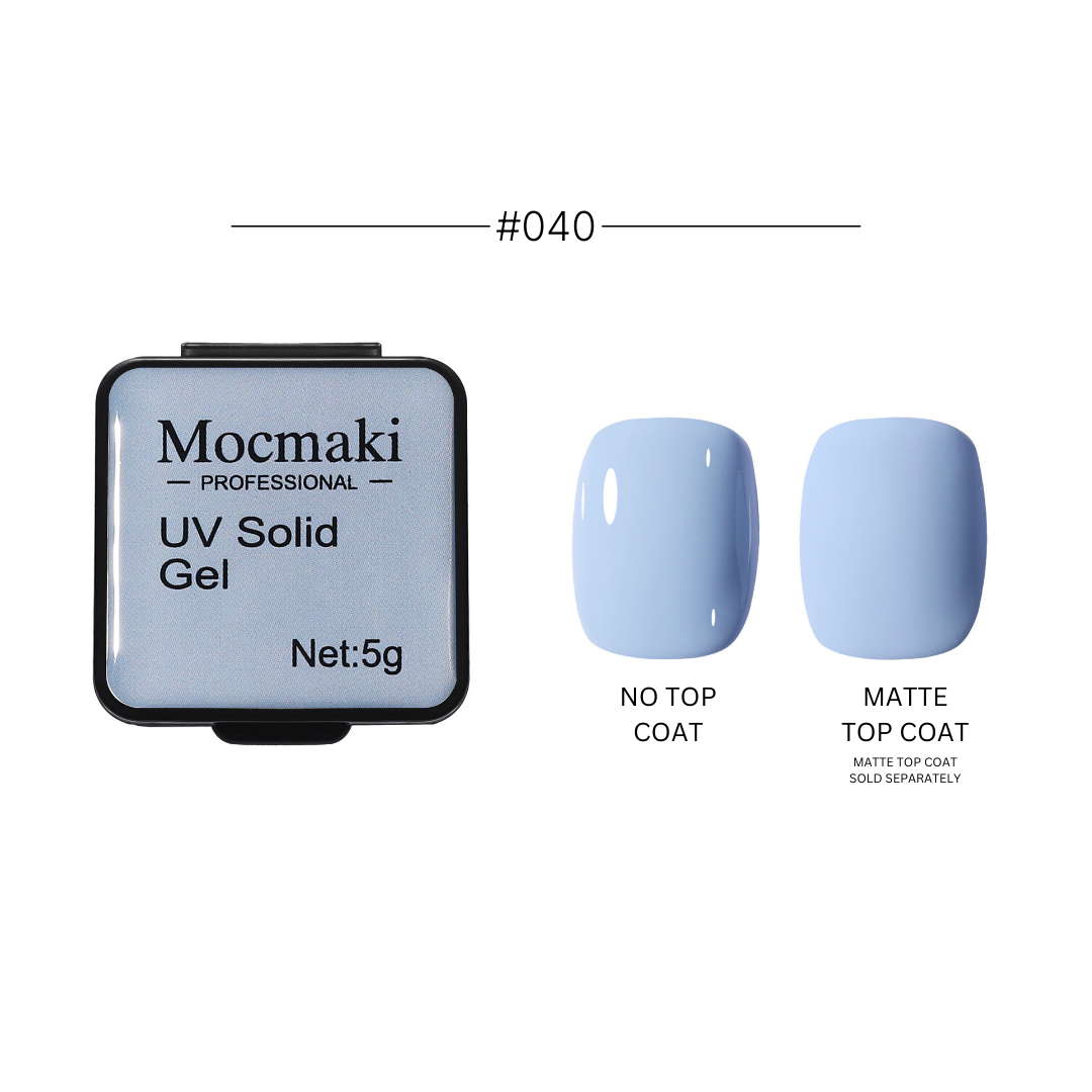 Wide range of Mocmaki UV Solid Gel Polish colors displayed, featuring a diverse palette from vibrant reds to cool blues, ideal for professional and home manicures.