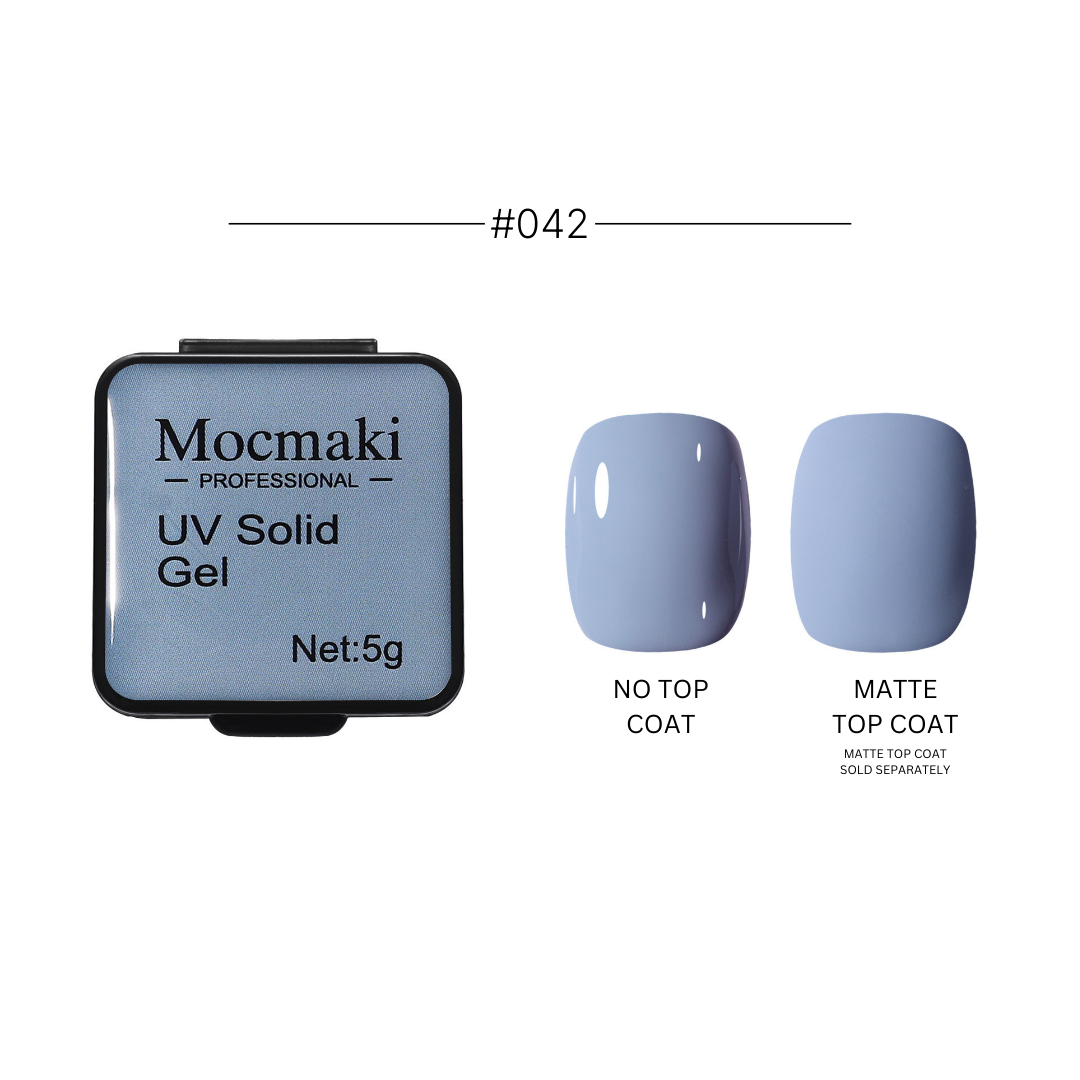 Wide range of Mocmaki UV Solid Gel Polish colors displayed, featuring a diverse palette from vibrant reds to cool blues, ideal for professional and home manicures.