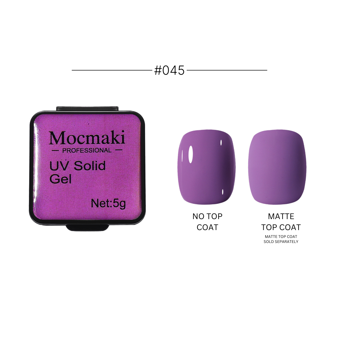 Wide range of Mocmaki UV Solid Gel Polish colors displayed, featuring a diverse palette from vibrant reds to cool blues, ideal for professional and home manicures.