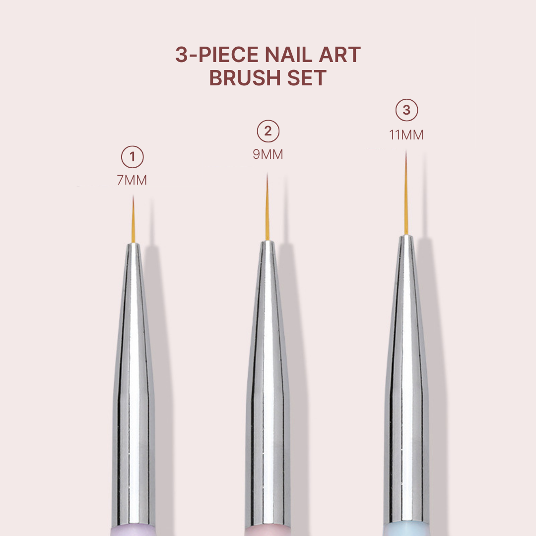 Close-up view of three nail brushes from a nail art set, each with different tip lengths (7mm, 9mm, 11mm) for various nail art techniques, arranged against a pastel background to highlight their delicate design and professional use.