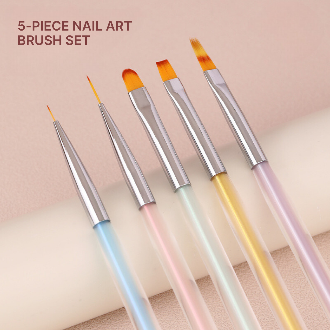 A 5-piece nail art brush set displayed against a soft pink background, featuring brushes with gradient handles in pastel colors ranging from blue to yellow. Each brush is designed for different techniques, including fine lines and patterns, ideal for detailed nail art creations.