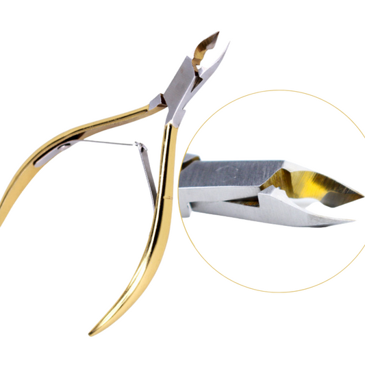 Stainless steel cuticle scissors with sharp, curved blades for precise trimming of nail cuticles, featuring ergonomic handles for comfort and accuracy in nail grooming.