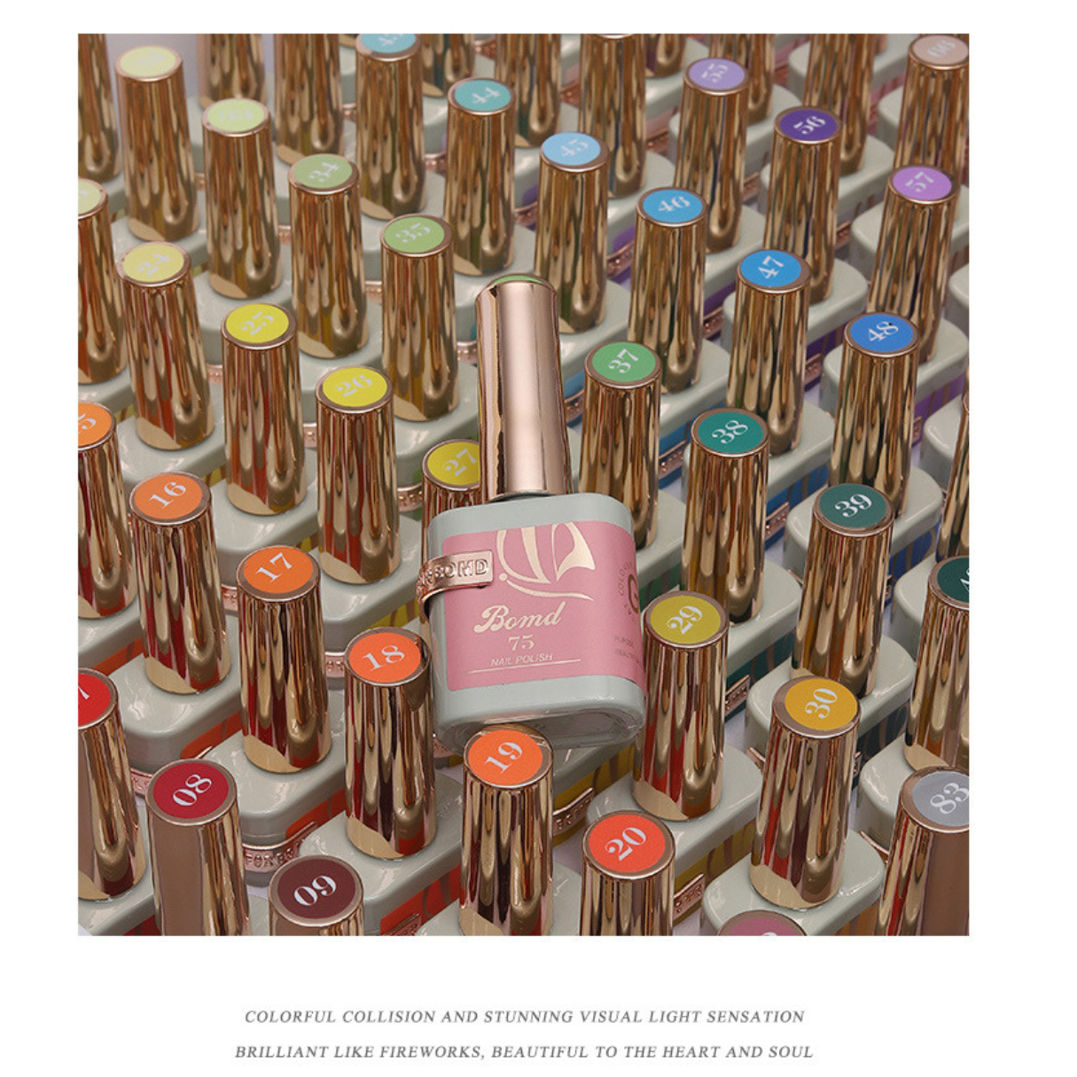 An array of BOMD gel polish bottles arranged in neat rows, each topped with different color-coded caps displaying numbers. A single bottle in the foreground is labeled '75' with a soft pink hue, highlighting its premium packaging and diverse color options.