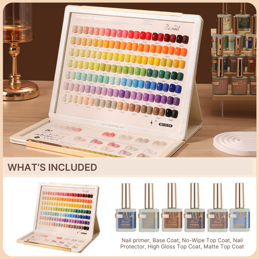 A comprehensive BOMD gel polish set, featuring a full spectrum of colors neatly displayed in an elegant chart. The display is accompanied by six essential nail products, including a nail primer, base coat, no-wipe top coat, nail protector, high gloss top coat, and matte top coat, highlighting the complete range included in the set.