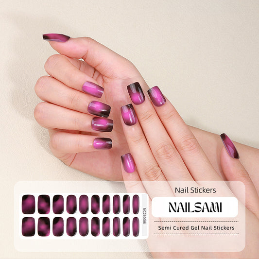 Hand with nails adorned in a vibrant berry gradient gel nail sticker design, with a NAILSAMI gel nail sticker sheet displayed below featuring the same berry design.