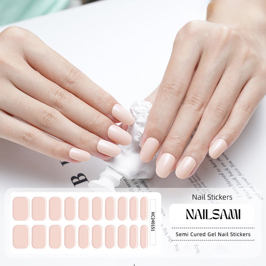 Hand with nails in a soft blush nude gel nail sticker design, with a NAILSAMI gel nail sticker sheet displayed below featuring the same nude design.