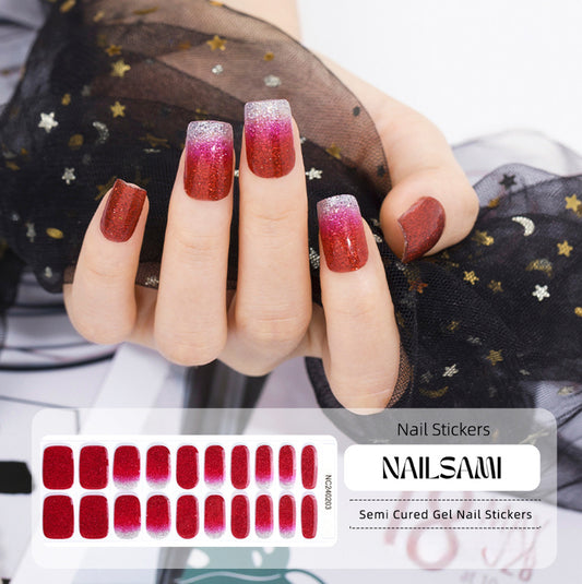 Hand with nails showcasing a rich burgundy ombre gel nail sticker design, with a NAILSAMI gel nail sticker sheet displayed below featuring the same burgundy ombre design.