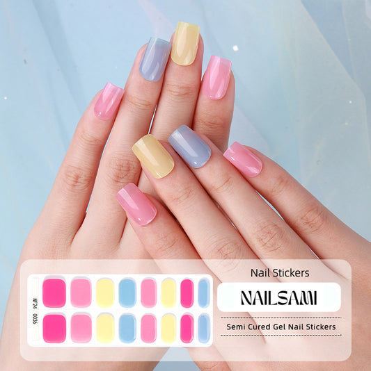 Hand with nails in a playful multicolor pastel gel nail sticker design, with a NAILSAMI gel nail sticker sheet displayed below featuring the same colorful design.