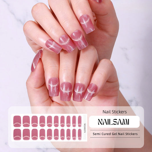 Hand with nails in a soft dusty rose gel nail sticker design with plaid accents, with a NAILSAMI gel nail sticker sheet displayed below showcasing the same plaid design.