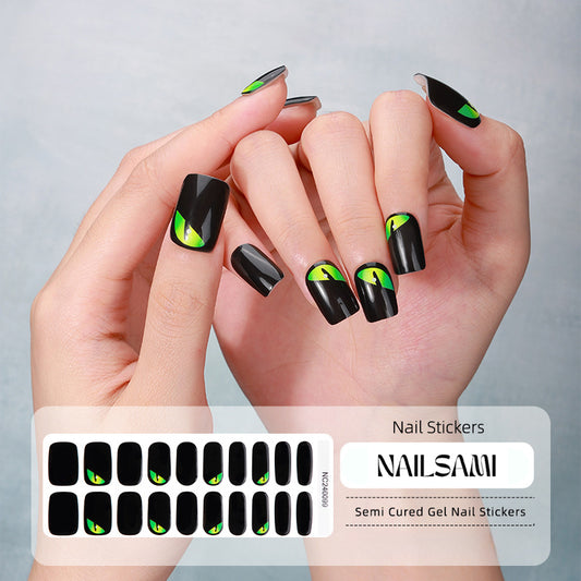 Hand with nails in a bold neon green and black gel nail sticker design, with a NAILSAMI gel nail sticker sheet displayed below showcasing the same neon design.