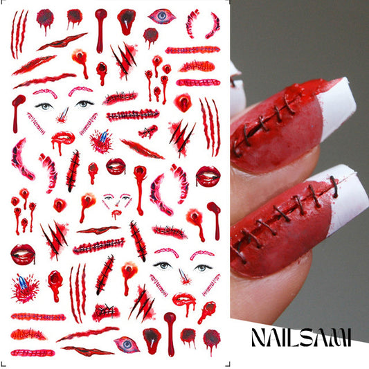 "Frightful Faces - Horror Elements" nail stickers from NAILSAMI showcase a collection of horror-inspired designs like bloody eyes and stitched wounds, displayed alongside examples on nails mimicking open wounds.