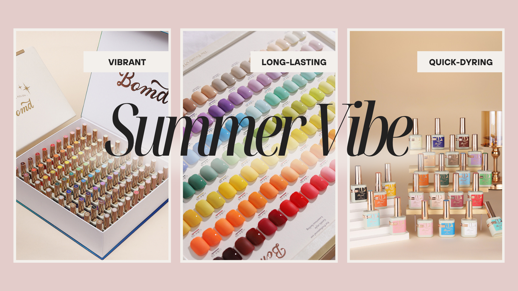 A vibrant gel nail polish set featuring a variety of rich, colorful shades neatly arranged in a display. The set includes multiple bottles of gel polish with sleek, rose-gold caps, offering long-lasting, high-shine finishes in a range of hues from neutrals to bold tones.