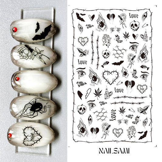 Gothic Garden - Nature & Insect" nail stickers by NAILSAMI show a blend of nature and gothic elements such as spider webs and floral skulls, displayed on off-white nails.