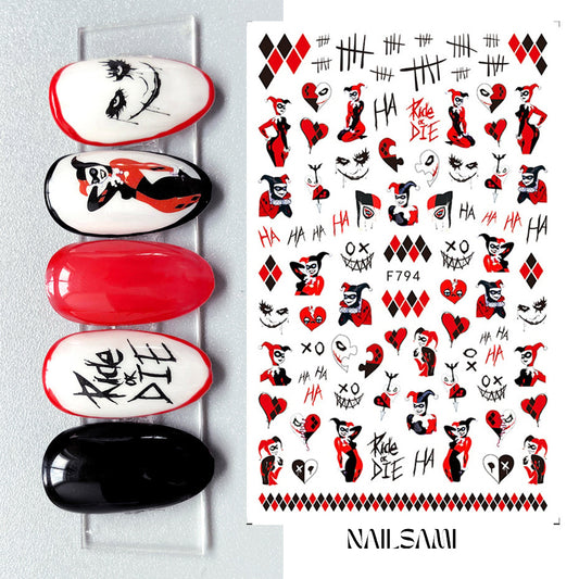 "Harlequin Hues - Comic & Cards" nail stickers from NAILSAMI, showcasing comic characters and card motifs in red and black, applied on variously colored nails including red and white.