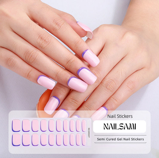 Hand with nails featuring a classic French tip design with soft lavender tips, with a NAILSAMI gel nail sticker sheet displayed below showcasing the same lavender French tip design.